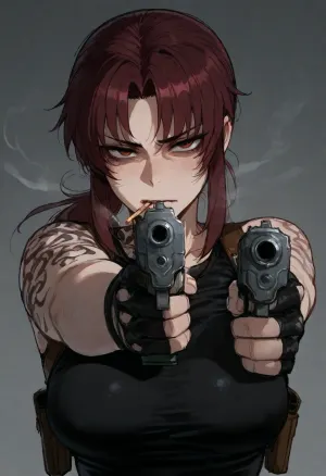 (Ratatatat74), (Revy from Black Lagoon, smoking, gun), looking at viewer, pointing gun at viewer, <lora:ratatatat74-000050:.8>