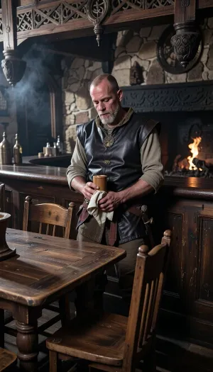 (a wide 16:9), cinematic movie still of the interior of a medieval tavern called The Dirty Hole, shot on Hasselblad 500C, Carl Zeiss 80mm lens. Behind the heavy wooden bar counter stands a single, grizzled medieval bartender who is a retired crusader knight. He has a weathered, scarred face with detailed clear facial features, a short beard, and natural calm expressions. He wears a dark leather vest over a simple medieval shirt, calmly cleaning a wooden mug with a cloth. The dark tavern is dimly lit, dominated by rough stone walls and roaring fireplace in the deep background casting natural warm light. In the foreground, empty rustic wooden tables with authentic wood textures. Volumetric smoke, authentic analog film grain, masterpiece photography, 8k.