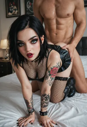 Cute goth girl. Beautiful eyes. Beautiful mouth. Full body image. Fishnet top. Very short black skirt. Black boots. Fishnet stockings. A lot of tattoos. Emo style haircut. Leaning over a bed. A man is fucking her from behind.