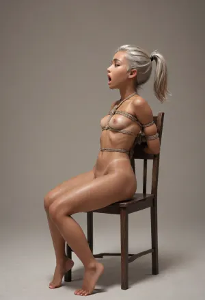 1girl, ((No background, profile view)), (full body view), ((tiny tits, 18yo woman, wasp waisted, (platinum blonde hair), (mega ponytail:1.3))), ((tanned skin:1.9)), ((sitting on chair, passed out, crotch rub)), (orgasm face, eyes open, mouth open), (shibari bondage, hands behind back), masterpiece, best quality, highly detailed, nsfw, pussy, bound, bondage, bdsm, woodenhorse, whb, mega, ponytail, big, hair, <lora:detailed_notrigger:.8>, <lora:shibari_bondage_-_v0.9.1.2-000010:.8>, <lora:xl_mega_ponytail-1.0:.8>