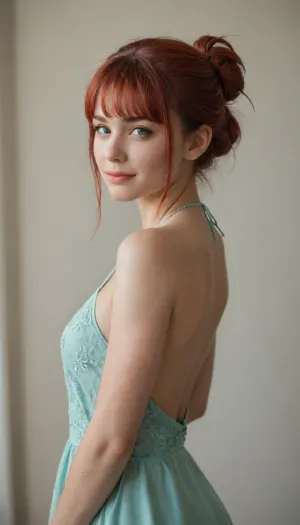 4K. Ultrarealistic, a young overwight irsh woman with red hair tied in a low, elegant bun with wispy bangs, wearing a light green satin halter dress. She turns her upper body slightly away from the camera and looks back over her shoulder with a bright, charming smile. 32 f cups. Relaxed backstage atmosphere, soft studio lighting, natural skin texture, realistic hair details, candid beauty, medium shot focused on the model, shallow depth of field, vertical composition.