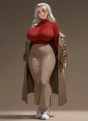 masterpiece, best quality, absurdres, newest, highres, very aesthetic, 1girl, solo, mature female, adult, very_long_hair, grey_hair, braid, brown_eyes, huge_breasts, wrinkled skin, wrinkles, old, elderly, narrow frame, flat stomach, sweater, red sweater, skirt, coat, sneakers, fully clothed, underwear under clothes, clothes over underwear, (black bra:.45), (black boyshorts:.45), (silk:.35), tattoo, piercing, scar, square jaw, thick eyebrows, button nose, sharp jaw, standing, full body, looking at viewer, simple background, soft lighting, detailed face, detailed eyes