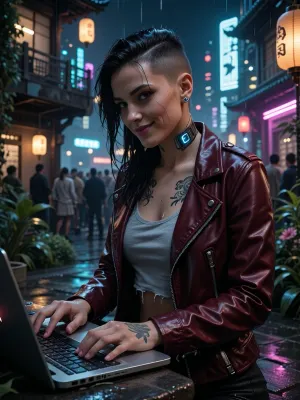 Ultra realistic. masterpiece, DSLR camera, best resolution, over detailed.
cyberpunk beautiful woman working on her laptop, at night, neon Japanese garden embedded in futuristic megalopolis composed of various floor-levels, glowing lanterns, smirk, vintage leather dark-red blazer with grey torn tshirt visible beneath, tattoos, side-shaved long black hair, cybernetic implant on neck, futuristic ear implant, cinematic reflections, moody lighting, wet hair, ultra detailed, sharp focus on hands and face. Wet surfaces on ground. Crowd in background.