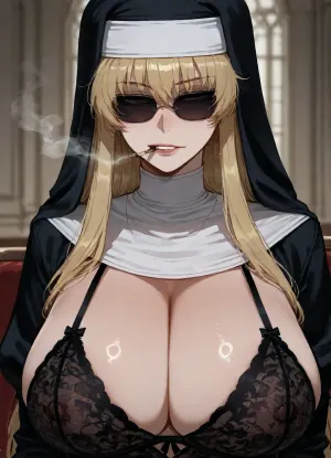 (Ratatatat74), (Eda from Black Lagoon, smoking, sunglasses, nun), lingerie, lounging, sultry, <lora:ratatatat74-000050:.8>