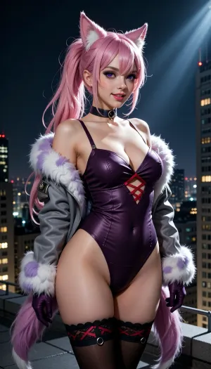 A stylized adult woman with a curvy, realistic human build and pale skin, long voluminous pink hair tied into a low side ponytail, layered bangs, and pointed animal-like ears. Her face has lifelike, balanced proportions, natural facial anatomy, and large violet eyes, with a very beautiful appearance and bold, provocative makeup, sharply defined eyeliner, dramatic lashes, rich plum eyeshadow, and vivid pink lips. She wears a playful, confident smile and faces the viewer with her shoulders slightly angled. She wears a dark choker with a small metal ring, a revealing dark plum strapless corset with red crisscross lacing at the center, and an oversized open gray jacket trimmed with thick white and lavender fur around the shoulders, sleeves, and cuffs. Black thigh-high stockings with red lace-up details and small metal rings complete the outfit, her hands are mostly hidden inside the long sleeves.

She stands on the rooftop of a skyscraper at night, with the city skyline and scattered glowing windows in the distance beneath a dark sky. A powerful spotlight shines directly on her, brightly illuminating her figure and creating crisp highlights on her hair, face, skin, and fur, with dramatic shadows falling across the rooftop. The nighttime city remains atmospheric and subdued behind her, without distracting from the character.

High-quality semi-realistic digital character portraiture, with realistic facial anatomy, natural skin texture, lifelike body proportions, and convincing hair and fur detail. Retain the fantasy-fashion design while avoiding anime effects, exaggerated eyes, and stylized facial proportions. The palette centers on vivid pink hair, violet eyes, plum and charcoal clothing, pale skin, bright white fur, and the cool deep blues and scattered warm lights of the nighttime city.

A strong, focused spotlight illuminates the woman from above and slightly in front, producing luminous highlights across her hair, and defined shadows that emphasize the outfit and figure. Subtle city glow and distant window lights add depth to the dark rooftop scene.

A vertical, full-body character portrait framed from the head to the upper thighs, viewed straight on at approximately eye level. The figure is centered on the skyscraper rooftop, with the long pink ponytail sweeping diagonally down the right side and the oversized fur-trimmed jacket forming a broad silhouette. The night skyline recedes behind her, while the powerful spotlight keeps her sharply defined against the darker surroundings. Clean, sharp focus throughout, without noticeable depth of field or lens effects.