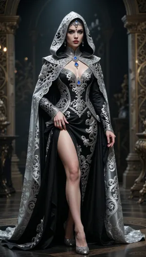 Cinematic full-body photograph of an adult woman, her entire figure visible from the top of her hood to the soles of her shoes, centered in a vertical composition with space above her head and below her feet. She wears an ornate silver filigree hooded cloak featuring intricate lace patterns with floral motifs, draped elegantly over her shoulders and flowing down to her ankles. Beneath the open cloak, she wears a luxurious fitted black and silver gown with a sculpted waist, long embroidered sleeves, elaborate baroque patterns, and a flowing skirt ending just above the floor, revealing elegant silver-embroidered shoes. Elaborate jeweled headpiece with a sapphire centerpiece and crystals on her forehead, dramatic smoky eye makeup, long dark lashes, piercing blue-grey eyes, glossy burgundy red lips, porcelain skin, elegant jewelry with teardrop gemstones. She stands facing the camera in a graceful, natural pose, her weight resting on one leg and the other foot slightly forward, her head upright, both arms visible, one hand gently holding the edge of her cloak at hip level and the other resting naturally by her side. Realistic anatomy, balanced body proportions, finely detailed hands and fingers, natural fabric folds and convincing fabric weight. Eye-level camera positioned far enough away to capture her entire body, natural perspective with minimal distortion, full-length fashion editorial framing. Soft dramatic lighting illuminating her face, jewelry, and the intricate details of her outfit, subtle rim lighting outlining her silhouette, softly blurred atmospheric background, the entire figure in clear focus. Professional photography, ultra detailed, photorealistic, 8k resolution, fantasy fashion editorial style, regal and mysterious atmosphere.