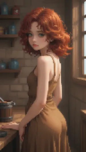 Pixel art stylized as a tired twenty‑year‑old girl, long curly red hair, green eyes, a round butt, small breasts, average height, a tired face, she’s looking at the camera, wearing a brown medieval dress, in a tavern. Retro‑style pixel aesthetic, soft halftone shades, bright colours — sprite style inspired by 16‑bit graphics, pixel art., Pixel, Art, PixArFK, <lora:PixelArtRedmond-Lite64:1.8>, <lora:pk_trainer_xl_v1:1.8>, <lora:pixel-art-xl-v1.1:1.5>