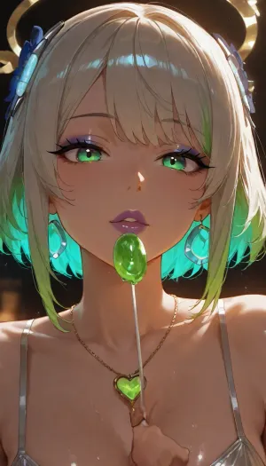 masterpiece, 🐶💦💕🪄, An extreme candid macro photograph focusing on the slightly parted lips of a person holding a green lollipop, An close-up beauty portrait of a young woman focusing sharply on her eyes and makeup She has multi-tonal dyed hair blending electric cyan, deep purple, and vivid blue. Her pride makeup features iridescent satin eyeshadow with bright lime-green and aqua shimmer on the inner mobile lids, blended out into a vibrant violet-magenta cut-crease and soft lower-lash smoked liner. Her eyes have bright, detailed hazel-green irises with crisp limbal rings and delicate wispy upper lashes. She wears smooth metallic fuchsia lipstick and subtle cheek highlight. She has delicate hyper-feminine facial features and an elegant neckline.. Clean studio portrait lighting, high micro-contrast, 85mm lens, shallow depth of field with soft dark background.