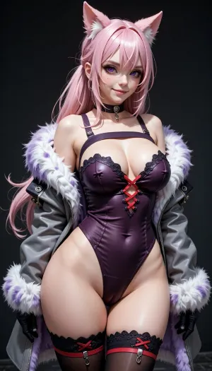 A stylized adult anime woman with a curvy build, pale skin, long voluminous pink hair tied into a low side ponytail, layered bangs, and pointed animal-like ears. She has large violet eyes and a playful, confident smile, and faces the viewer with her shoulders slightly angled. She wears a dark choker with a small metal ring, a revealing dark plum strapless corset with red crisscross lacing at the center, and an oversized open gray jacket trimmed with thick white and lavender fur around the shoulders, sleeves, and cuffs. Black thigh-high stockings with red lace-up details and small metal rings complete the outfit, her hands are mostly hidden inside the long sleeves.