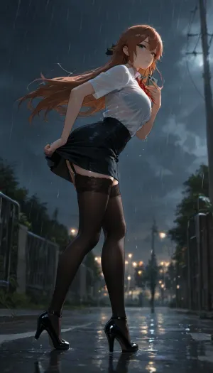 masterpiece, highest quality, ultra-high resolution, high resolution, photorealism, high quality, ultra-realism, 8k, HDR, ultra-detailed, perfect lighting, dark clouds, heavy rain, (strong wind), windy, late evening, (in foreground man hand holding a smartphone), (taking a photo of the girl with the smartphone), 20-year-old girl, medium-length brown hair, gray-blue-green eyes, perfect body, white shirt, losse black skirt above the knee lengths, black high heels, (running fust:1.5), running down the street, ((wind blew the skirt up)), peeking black garter belt and black stockings with beautiful lace tops pulled high up to the buttocks, ((high up stockings lace under the buttocs)), beautiful lace bra visible through the wet blouse, sheer wet white tight blouse, ((trying to pull the skirt down)), wet hair, wet body, soaked clothes, looks at the viewer, (indignant face), blushed, detailed face, detailed eyes, intricate detail, hvrn, heavy, rain, (SuperQuality:1), (SuperQuality:1.2), (side view), (full body view), from feet to toe, comp_center, centrosymmetric, <lora:MJ52:1.7>, <lora:Jeweled eyes-NAI:1.8>, <lora:BUT_SDXL_SHS:1.8>, <lora:attractive_notrigger:1.7>, <lora:dark:.8>