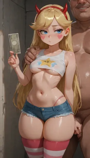 (Star vs the forces of evil:1.5), mult porn, cartoon porn, original, maximum details, high quality, high resolution, 18 years old Star Butterfly, medium tits size, very petite face, thin waist and thick low body, striped stockings, nude body, hearts makeup on cheeks, girl low stature, massive thighs, thick thighs, wide hips, thin waist, tiny waist, on the alleyway, near the wall, underboob shirt, short shorts, thong bends under shorts, she is standing, 1girl, 1man, ugly very fat man, mans standing near, man hand on her shoulder, perverted man, man in frame, man face in frame, eyes contact, semi side view, man grope her, man looking on her, money in girl hand, girl holding money in hand