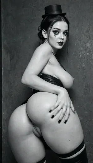 Provocative Mime, (Black & White), Asian model, large firm breasts, straight black hair in a tight "banana" bun with a mini bowler hat. Face painted white with strong geometric eyeliner and black heart-shaped mouth. Wearing a strapless textured black leather top and a white tulle mini skirt, with black suspenders crossing her bust. She is striking a "silence" pose, leaning against an invisible wall., (giant breasts:1), (perfect pussy:1.7), (big ass:1.5)
