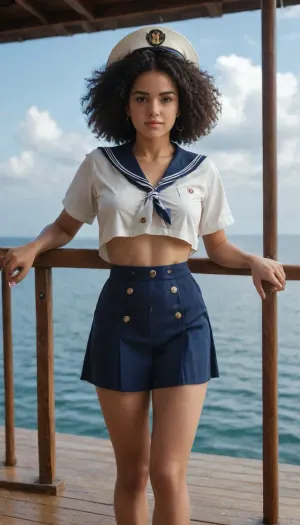 A vibrant realistic photo of a confident Black woman with a large afro standing on a yacht deck. She wears a stylish white and navy blue nautical sailor outfit with gold buttons, a captain's hat, and jewelry. The background features a bright blue ocean with distant sailboats and a clear sky with clouds. with soft lighting and a cheerful summer atmosphere.