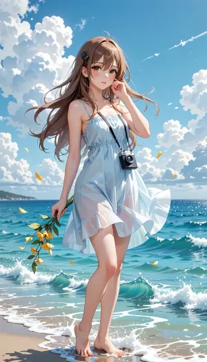 A young adult anime woman with a slim build and fair skin stands barefoot in the shallow surf, her body angled slightly toward the viewer as she lifts one hand to her cheek. She has large warm brown eyes, a gentle, wistful expression, and very long flowing light-brown hair with loose strands blown toward the left, a small dark hair clip rests near her bangs. She wears a delicate, pale blue-white sleeveless sundress with thin straps and a softly gathered bodice, its lightweight fabric billowing around her knees in the sea breeze. A small vintage-style camera hangs from a strap at her chest. In her other hand she carries a sprig of bright yellow flowers and green leaves, while several yellow petals drift around her.
A sunny seaside shoreline with the woman standing among foamy turquoise shallows. Layered blue ocean water stretches to a flat distant horizon, with small rolling waves and white sea foam washing around her feet. Above, a broad pale-blue sky is filled with soft, billowing white clouds and faint wispy streaks. The atmosphere is breezy, serene, and summery, with no visible buildings or other people.
Polished Japanese anime illustration with a soft, painterly finish and delicate linework, blending romantic slice-of-life character art with a luminous seaside mood. The palette is airy and pastel, dominated by sky blue, aqua, white, and pale lavender, with warm brown hair and vivid yellow flowers and petals as accents. The flowing hair, dress, water, and clouds are rendered with gentle brushlike gradients and fine highlights.
Polished Japanese anime illustration with a soft, and clouds are rendered with gentle brushlike gradients and fine highlights.