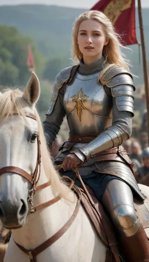 Ultrarealistic Photography, high-resolution, photorealistic image, wallpaper, 8k, full front view, happy, joan of ark, longe blonde hair, 20 yo, wearing an armor, visible chests, large gallic belt, pending at belt gallic sword, riding a horse, medieval tournament background with holy virgin banners