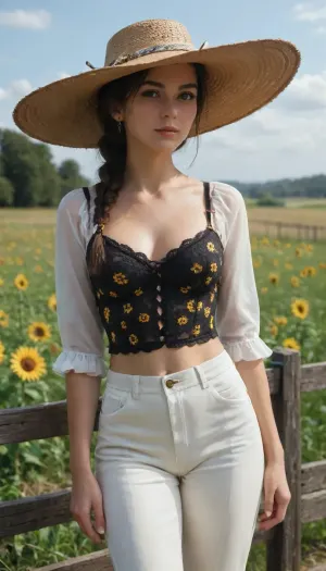 A vibrant digital photo of a stylish woman standing in a sunflower field under a bright blue sky with fluffy clouds. She wears a wide-brimmed straw hat with a ribbon, a yellow patterned blouse over a black lace top, and white trousers. She holds her hat with one hand and has a dark blue heart-shaped handbang. Her dark hair is styled in a long braid. The background features a wooden fence, a distant white farmhouse, and a grassy meadow. The style is colorful and painterly, resembling a modern fashion illustration or coloring book art.
