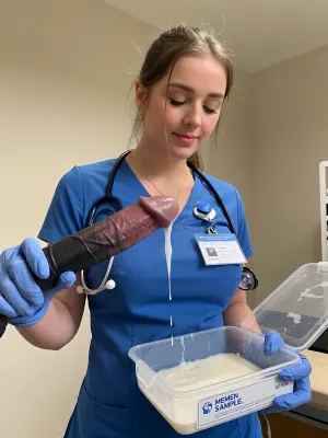 A stunning young nurse, (20 years old), with a voluptuous body and light brown hair tied in a ponytail is wearing blue scrubs, blue latex gloves, a hospital ID badge, and a stethoscope. She is looking down with a calm, focused expression while holding a large, very long, thick, erect black penis in one hand. Litres of thick white semen are dripping from the tip of the penis. In her other hand, she holds an open, clear plastic container labeled "SEMEN SAMPLE, " which already holds a large amount of the fluid. The setting appears to be a clinical or medical room with bare walls.