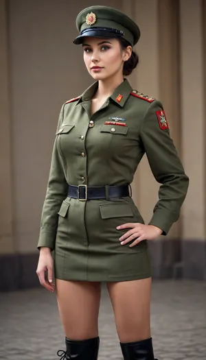 Beautiful young dark-haired girl with big breasts in a russian army uniform with a short narrow skirt, with a military boater cap, with high military boots, with straight hair pulled back into a bun, full body view
