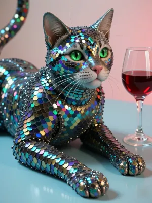 A surreal, haute couture-style photo shoot capturing a sculpture of a mythical cat. The cat is completely and without exception covered from head to toe in ultra-dense, chameleon-coloured micro-sequins. Absolutely every part of its body — including its muzzle, ears and, in particular, all its paws — is completely covered in tiny chameleon-coloured sequins, as if they were delicate, soft and intricate fish scales. Not a single patch of natural skin is visible anywhere. The cat’s eyes are gleaming, luminous emerald crystals with dark-green facets. The creature lies elegantly on a pastel-blue surface next to a crystal glass of red wine, casting soft crimson reflections. Studio-style diffused lighting, soft focus, a fairy-tale aesthetic of luxury, ultra-detailed texture, (photorealistic, high quality, a masterpiece), .