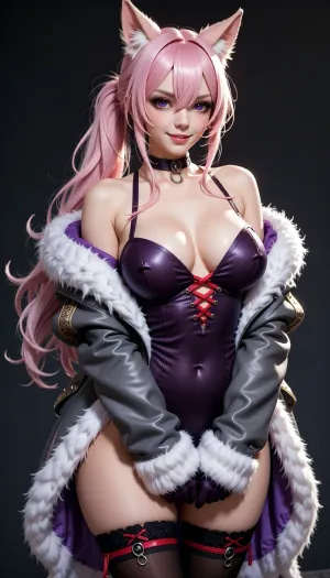A stylized adult anime woman with a curvy build, pale skin, long voluminous pink hair tied into a low side ponytail, layered bangs, and pointed animal-like ears. She has large violet eyes and a playful, confident smile, and faces the viewer with her shoulders slightly angled. She wears a dark choker with a small metal ring, a revealing dark plum strapless corset with red crisscross lacing at the center, and an oversized open gray jacket trimmed with thick white and lavender fur around the shoulders, sleeves, and cuffs. Black thigh-high stockings with red lace-up details and small metal rings complete the outfit, her hands are mostly hidden inside the long sleeves.