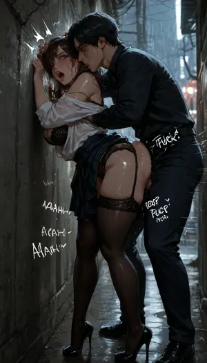 amazing photo quality, ultra realistic details, ultra high detailed characters, (masterpiece), (photo realistic), (hyper realistic), (high resolution), (maximum detail), score_9, score_8_up, score_7_up, highest quality, ultra-high resolution, photorealism, high quality, ultra-realism, 8k, HDR, ultra-detailed, night, trash on floor, apartement building staircase, near the wall, dark clouds, heavy rain, a 30-year-old man with very short dark hair showing a touch of gray, brown eyes, fully clothed man in casual wear, (fully clothed man), absolutely wild gaze, a tense facial expression. very beautiful girl aged 20–25 has shoulder-length dark chestnut hair and gray-green eyes, sensual lips, blushed, hard breathing, perfect body, (shocked scared face), eyes wide open, struggling, fighting hard, firm medium breasts, small areolas, and plump, erect nipples, wearing a white shirt, detailed black lace bra, black loose mid-thigh skirt, black high heels, black panties, detailed black lace garter belt, black stockings with intricate, beautiful patterns on the tops pulled high up to the buttocks, unbuttoned white shirt slipping off shoulders, bra straps slipped off shoulders hang loosely, (bra slid down), (panties pushed aside), soaked hair, soaked body, soaked clothes, raped, BREAK., standing from behind sex pose, (girl is standing against a wall), (against wall, pressed against wall), (whole against wall:1.3), her hands are behind her back, A man is pushing her head with his hand, pinning it against the wall, (her head is turned to the side, with her cheek pressed against the wall), the man holds the girl firmly, man pulled his cock out through his pants fly, man fucking, thick cock fucking, wet pussy, fast fuck, intence fuck, hard fuck, deep inside fuck, butt is shaking fuck, abusing her, creating dramatic chiaroscuro effects, dynamic pose, speed lines, (motion lines:1.4), (sound effects:1.4), (moaning:1.4), (ass clenches from the fucking), perfect background, explicit content, NSFW, cinematic lighting, 8K, high detail, perfect anatomy, (body fully in frame), from head to toe, detailed faces, masterpiece faces, (detailed eyes), (masterpiece eyes), intricate detail, (photorealistic textures:1.2), (sharp focus:1.2), (refined textures:1.2), (natural shadows:1.2), (SuperQuality:1), (SuperQuality:1.2), (side view), hvrn, heavy, rain, thepose, <lora:Heavy_Rain_XL-000008:1>, <lora:ThePose:1.1>, <lora:LCMTurboMix_Euler_A_fix:1>, <lora:detailed_notrigger:.9>, <lora:dark:.8>