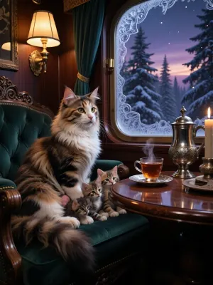 An award-winning, hyper-realistic cozy cinematic photograph of a beautiful fluffy cat family inside a vintage luxury train coupe. Seated on a rich dark green velvet passenger seat under a warm amber-glowing art-deco reading lamp is a gorgeous, long-haired calico mother-cat, peacefully curling up and nursing her three tiny, fluffy multi-colored kittens. Nearby on the polished wooden table, a hot steaming glass of tea in an ornate vintage silver podstakannik holder gently sways to the rhythm of the train. Through the large frost-patterned window, a breathtaking dark twilight winter landscape with snow-covered pine trees is softly visible under a dim purple evening sky. Extraordinary macro texture of the cat's soft silky fur and sharp alive eyes. The interior is filled with soft diffused shadows and a magical, nostalgic atmosphere of a peaceful journey. Flawless animal anatomy with correct paws and tails, volumetric candlelight-like lighting, highly detailed masterpiece.