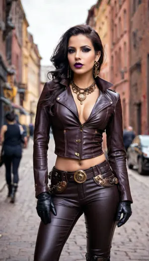 Steampunk beauty and pretty latina girl, perfect boobs, perfect ass, perfect body, tight black leather blouse, tight dark brown leather pants, black military boots, leather necklace, dark brown leather gloves, big gold earrings, dark purple lips, dark eye shadow, gothic eyeliner, gothic makeup, steampunk street background, walking by the steampunk street, tight brown leather jacket, complete view