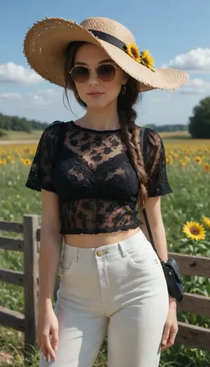 A vibrant digital photo of a stylish woman standing in a sunflower field under a bright blue sky with fluffy clouds. She wears a wide-brimmed straw hat with a ribbon, a yellow patterned blouse over a black lace top, and white trousers. She holds her hat with one hand and has a dark blue heart-shaped handbag with sunglasses hanging from it. Her dark hair is styled in a long braid. The background features a wooden fence, a distant white farmhouse, and a grassy meadow. The style is colorful and painterly, resembling a modern fashion illustration or coloring book art.