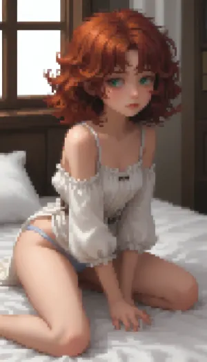 Pixel art stylized as a tired twenty‑year‑old girl, long curly red hair, green eyes, a round butt, small breasts, average height, a tired face, she’s looking at the camera, wearing a brown medieval dress, and sitting on a bed, legson all fours, without panties, Retro‑style pixel aesthetic, soft halftone shades, panties on one leg, bright colours — sprite style inspired by 16‑bit graphics, pixel art., Pixel, Art, PixArFK, <lora:PixelArtRedmond-Lite64:1.8>, <lora:pk_trainer_xl_v1:1.8>, <lora:pixel-art-xl-v1.1:1.5>