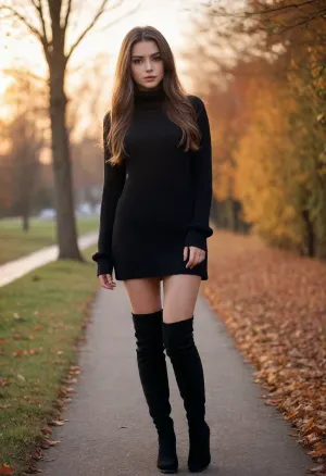 girl wearing a black mini dress up, sweater, overknee winter boots, open pussy, long hair, seductive eyes, soft lips, dynamic angle, autumn fashion, sunset