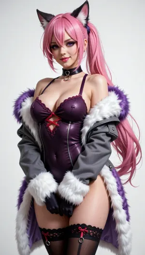 A stylized adult woman with a curvy, realistic human build and pale skin, long voluminous pink hair tied into a low side ponytail, layered bangs, and pointed animal-like ears. Her face has lifelike, balanced proportions, natural facial anatomy, and large violet eyes, with a very beautiful appearance and bold, provocative makeup, sharply defined eyeliner, dramatic lashes, rich plum eyeshadow, and vivid pink lips. She wears a playful, confident smile and faces the viewer with her shoulders slightly angled. She wears a dark choker with a small metal ring, a revealing dark plum strapless corset with red crisscross lacing at the center, and an oversized open gray jacket trimmed with thick white and lavender fur around the shoulders, sleeves, and cuffs. Black thigh-high stockings with red lace-up details and small metal rings complete the outfit, her hands are mostly hidden inside the long sleeves.

A clean, featureless white background with no visible setting or props, presented like a character illustration on a plain page.

High-quality semi-realistic digital character portraiture, with realistic facial anatomy, natural skin texture, lifelike body proportions, and convincing hair and fur detail. Retain the fantasy-fashion design while avoiding anime effects, exaggerated eyes, and stylized facial proportions. The palette centers on vivid pink hair, violet eyes, plum and charcoal clothing, pale skin, and bright white fur.

Soft, even studio-like illumination from the front, with subtle highlights across the hair, face, skin, and fur and gentle shadows defining the outfit and figure. No dramatic cast shadows or distinct environmental light source.

A vertical, full-body character portrait framed from the head to the upper thighs, viewed straight on at approximately eye level. The figure is centered against ample white negative space, with the long pink ponytail sweeping diagonally down the right side and the oversized fur-trimmed jacket forming a broad silhouette. Clean, sharp focus throughout, without noticeable depth of field or lens effects.