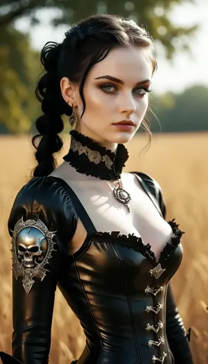 (((Full body view))), Generate a masterpiece full-body close-up side-view fantasy portrait drawing image of a fighting fantastic animated 20-year-old vampire-woman young medieval evil seductive character, with deshevelt, free, lush, dark-black black-colored simple straight bound military short black-hair in a military ponytail.big snake eyes, embellished with a black hairpiece. At darkest night., (divine proportion), non-douche smile. Staring at you. Her eyes should be a striking black, large and expressive, framed with long, delicate lashes. She is wearing a revealing shiny glossy bodysuit with black medieval high-heeled stiletto combat boots. The character is poised ready for a fight, exuding free-spirited emo goth sad naturalistic, with warm sunlight from above. Her expression is emo and disturbed, with a slight blush on her cheeks and a faint evil smile on her lips. The background is a grand medieval field., top model makeup, (((very long body, very pale skin))), ((Ultimate realistic photo)), (((dynamic sexy pose))), (((bright sunlight))), tattoo, neck, Showing her Perfect Fangs, sharp teeth, <lora:MJ52:.8>, <lora:Long Neck - Elegance in Ink:.8>, <lora:Microwaist_XL_v01:.8>, <lora:Unfazed vampire - XL SDXL V1.0:.8>