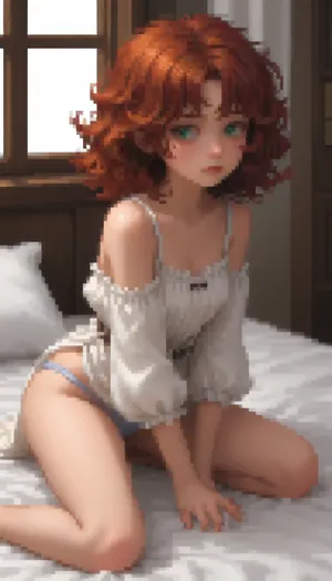 Pixel art stylized as a tired twenty‑year‑old girl, long curly red hair, green eyes, a round butt, small breasts, average height, a tired face, she’s looking at the camera, wearing a brown medieval dress, and sitting on a bed, legson all fours, without panties, Retro‑style pixel aesthetic, soft halftone shades, panties on one leg, bright colours — sprite style inspired by 16‑bit graphics, pixel art., Pixel, Art, PixArFK, <lora:PixelArtRedmond-Lite64:1.8>, <lora:pk_trainer_xl_v1:1.8>, <lora:pixel-art-xl-v1.1:1.5>