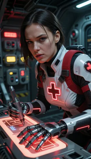 A masterpiece, top-notch quality, a cyberpunk-style female cyborg medic, a medium shot inside a vehicle, she is fully clothed, wearing high-tech black-and-white tactical armor with a glowing neon-red cross on her chest and a red cross on her shoulder pad, wide red straps of a tactical backpack hang from her back, she is leaning over a glowing terminal interface. Her hands are fully cybernetic robotic prostheses, one hand firmly grips a stylus, which she uses to write something on the interactive interface screen, while the fingers of her other hand rest on the glowing console, in the background, blurred rows of various instruments on the wall are visible, along with red and yellow indicators and consoles. The lighting is high-contrast and cinematic, warm orange-red light from below, emanating from the terminal panel and the neon cross on her chest, cold white overhead light from above, and red indicators on the panels. Her face and skin have dewy highlights, her cybernetic arms have sharp metallic reflections, and there are deep shadows in the cockpit.