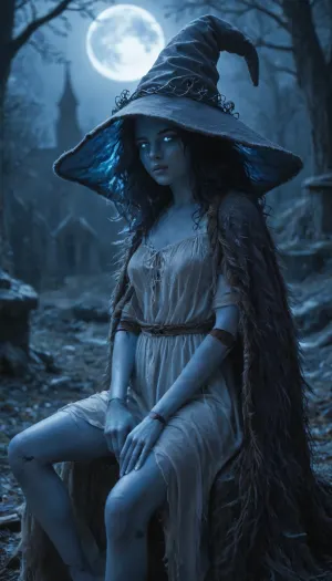 Rating_explicit, score_9, score_8_up, score_7_up, side view, masterpiece, dark fantasy, night, very detailed Ranni the Witch from Elden Ring is modeling gracefully, legs spread, blue hair spilling from oversized witch hat, (face shadowed), ((four slender blue arms)), ((tattered azure robes, fully clothed)), blue glowing spectral eyes, misty medieval fortress ruins, flickering firelight casting long shadows, dead trees, rim moonlight, full moon, huge fortress on background, muted palette, cobalt blue, charcoal black, ember orange, dark souls aesthetic, IncrsXLRanni, wavy hair, (blue skin), extra independent arms, ((doll joints)), hat, cloak, supermodel face, big lips, <lora:RanniXLV2:.8>, <lora:Beautify-Supermodel-SDXL:.8>, <lora:Glowing_beach:.8>