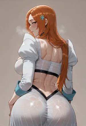 (ratatatat74), (Inoue_orihime), dressed, solo, back fetish, sweaty, looking at viewer, rear view, (simple background), <lora:ratatatat74-000050:2>