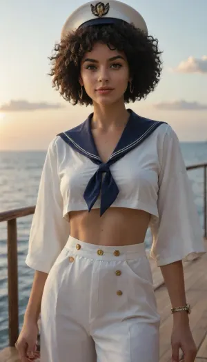 A vibrant realistic photo of a confident Black woman with a large afro standing on a yacht deck. She wears a stylish white and navy blue nautical sailor outfit with gold buttons, a captain's hat, and jewelry. The background features a bright blue ocean with distant sailboats and a clear sky with clouds. with soft lighting and a cheerful summer atmosphere.
