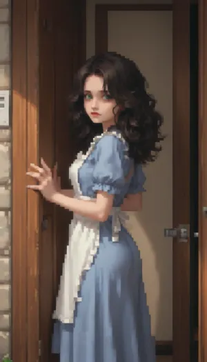 A stylized pixel art image of a tired twenty‑year‑old girl, long curly chestnut hair, green eyes, a round butt, average height, a tired face. She is looking at the camera, wearing a grey medieval dress and a white apron, standing by a wooden door in a modest pose. Retro‑style pixel aesthetic, soft halftone shades, bright colours — sprite style inspired by 16‑bit graphics, pixel art., Pixel, Art, PixArFK, ((pixelart)), pixel, art, (realistic:.4), <lora:PixelArtRedmond-Lite64:1.9>, <lora:HerrscherAGGA2024_PixelART-ULTIMATEBASE_SDXL:1.4>, <lora:pk_trainer_xl_v1:1.8>