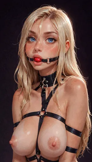 (reiq meets innv and Jack cayless art style), (Incase style), upper body, ball gag, blond hair, facing viewer, long hair, bondage outfit, bangs over eye, symmetrical eyes, snub nose, plumb lips, half-closed eyes, extremely gigantic saggy natural breasts, (very light nipples:1.6), erect puffy nipples, 1girl, solo, beautiful curves of the body, realistic detailed, deep insertion, (dark background, simple background:1.8), skin texture, futuristic-fantasy-anime, <lora:sd_xl_turbo_lora_v1-64dim:2>, <lora:futureistic_fantasy_anime_sdxl_v1:2>