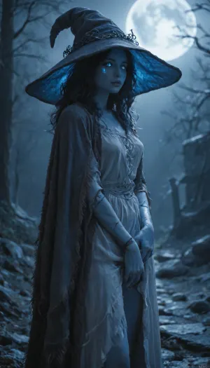 Rating_explicit, score_9, score_8_up, score_7_up, side view, masterpiece, dark fantasy, night, very detailed Ranni the Witch from Elden Ring is modeling gracefully, legs spread, blue hair spilling from oversized witch hat, (face shadowed), ((four slender blue arms)), ((tattered azure robes, fully clothed)), blue glowing spectral eyes, misty medieval fortress ruins, flickering firelight casting long shadows, dead trees, rim moonlight, full moon, huge fortress on background, muted palette, cobalt blue, charcoal black, ember orange, dark souls aesthetic, IncrsXLRanni, wavy hair, (blue skin), extra independent arms, ((doll joints)), hat, cloak, supermodel face, big lips, <lora:RanniXLV2:.8>, <lora:Beautify-Supermodel-SDXL:.8>, <lora:Glowing_beach:.8>