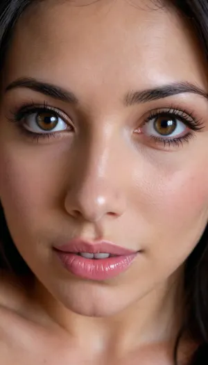 21 YEAR OLD COLUMBIA BIMBO SLUT, IN FRONT OF VIEWER, VERY EXTREMELY EXTREMELY CLOSE UP, FACE & BREASTS DIRECTLY IN VIEWERS FACE, FACE TO FACE, DIRECTLY IN FRONT OF VIEWER, LARGE BIG BOOBS, VERY CLOSE UP, BENDING FORWARD, BRIGHT FACE, VERY DARK TANNED SKIN, GOOD LIGHTING, LONG NATURAL BLACK HAIR, BIG BLACK EYES, BIG BIMBO LIPS, SMILING, SLUT, PERFECT FACE