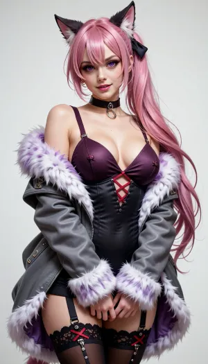 A stylized adult woman with a curvy, realistic human build and pale skin, long voluminous pink hair tied into a low side ponytail, layered bangs, and pointed animal-like ears. Her face has lifelike, balanced proportions, natural facial anatomy, and large violet eyes, with a very beautiful appearance and bold, provocative makeup, sharply defined eyeliner, dramatic lashes, rich plum eyeshadow, and vivid pink lips. She wears a playful, confident smile and faces the viewer with her shoulders slightly angled. She wears a dark choker with a small metal ring, a revealing dark plum strapless corset with red crisscross lacing at the center, and an oversized open gray jacket trimmed with thick white and lavender fur around the shoulders, sleeves, and cuffs. Black thigh-high stockings with red lace-up details and small metal rings complete the outfit, her hands are mostly hidden inside the long sleeves.

A clean, featureless white background with no visible setting or props, presented like a character illustration on a plain page.

High-quality semi-realistic digital character portraiture, with realistic facial anatomy, natural skin texture, lifelike body proportions, and convincing hair and fur detail. Retain the fantasy-fashion design while avoiding anime effects, exaggerated eyes, and stylized facial proportions. The palette centers on vivid pink hair, violet eyes, plum and charcoal clothing, pale skin, and bright white fur.

Soft, even studio-like illumination from the front, with subtle highlights across the hair, face, skin, and fur and gentle shadows defining the outfit and figure. No dramatic cast shadows or distinct environmental light source.

A vertical, full-body character portrait framed from the head to the upper thighs, viewed straight on at approximately eye level. The figure is centered against ample white negative space, with the long pink ponytail sweeping diagonally down the right side and the oversized fur-trimmed jacket forming a broad silhouette. Clean, sharp focus throughout, without noticeable depth of field or lens effects.