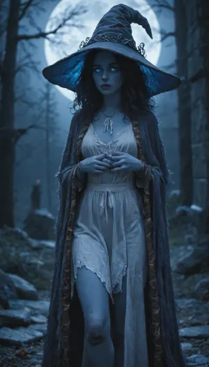 Rating_explicit, score_9, score_8_up, score_7_up, side view, masterpiece, dark fantasy, night, very detailed Ranni the Witch from Elden Ring is modeling confidently, legs spread, blue hair spilling from oversized witch hat, (face shadowed), ((four slender blue arms)), ((tattered azure robes, fully clothed)), blue glowing spectral eyes, misty medieval fortress ruins, flickering firelight casting long shadows, dead trees, rim moonlight, full moon, huge fortress on background, muted palette, cobalt blue, charcoal black, ember orange, dark souls aesthetic, IncrsXLRanni, wavy hair, (blue skin), extra independent arms, ((doll joints)), hat, cloak, supermodel face, big lips, <lora:RanniXLV2:.8>, <lora:Beautify-Supermodel-SDXL:.8>, <lora:Glowing_beach:.8>