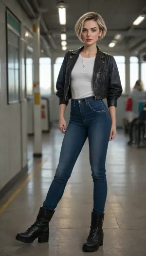 woman, 18 years old, girl, leather jacket, jeans, black hair, pixie haircut, blue eyes, red lipstickgrunge style, blonde, bob, skinny, e body, standing, Business, secretary, black leggings, blushes, looks at the viewer, freckles, platform boots, hyper-disassembly, bus scene, hyperrealistic background details, volumetric lighting, hairline details, expressiveness, accent on the face, textured skin, spectacular lighting, eye lighting, full body image, the whole body in the frame, legs and head are visible to the viewer