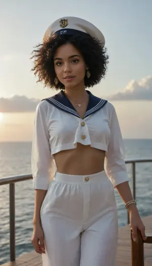 A vibrant digital illustration of a confident Black woman with a large afro standing on a yacht deck. She wears a stylish white and navy blue nautical sailor outfit with gold buttons, a captain's hat, and jewelry. The background features a bright blue ocean with distant sailboats and a clear sky with clouds. The text 'Coastal Bliss' appears in the sky. The style is colorful, glossy, and polished, resembling a modern fashion illustration or a 'Happy Color' game character, with soft lighting and a cheerful summer atmosphere.