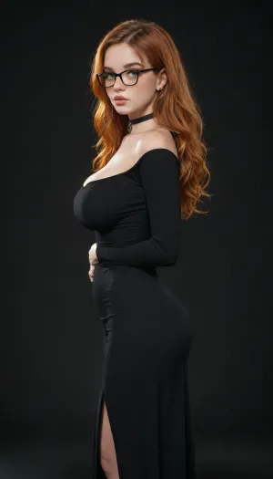 (((side view:1.8))), ((hot goth country girl)), (((soft lower belly))), (((Black background))), beautiful face, (((glasses))), natural huge breasts, ginger, redhead, bangs, wide hips, tan skin, horny expression, full lips, long length hair, bright green eyes, freckles, choker, sexy, tight tiny waist, flared hips, cute freckles, freckled face, freckled chest, freckled shoulders, delicious and seductive and sexy feminine, seductive crazed lustful look in her eyes, very long curly ginger red hair, black eyeliner, shy, blushing, sweaty, thick, hourglass figure, fit and curvy, slutty tan lines, Angel face, (((Bright Orange Dress))), <lora:tan-lines-xl-v1:.8>, <lora:add-detail-xl:.8>, <lora:SDXL_BetterFaces-LoRA_v1:.8>