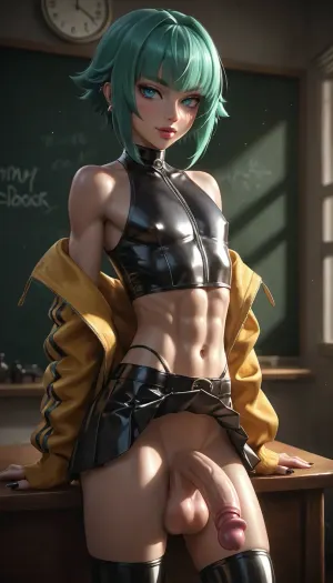 sunny upper-body side-portrait showing, in a modern classroom with chalkboard, one 24 years old Krowly is one tall dark-green haired femboy, he straddles and his dropped pants an bomberjacket, he is youthful but tall and his short hair is dark metallic-green, bangs. Focus on his bright blue eyes. Krowly has a long lean torso and a soft-skinned strong bodyshape. Tiny round ass. Krowly is tall and has a long neck, Krowly appears androgynous, graceful alike a androgynous gay-model, v-shaped torso, narrow shoulder, in an open goth-suit and netskirt, detailed. Very full bimbolips, toothless smirk. Very feminin face on his male torso. pearl earstud, long fingernails, ArsStyleStyle, from side below ass-view, dark hair, (he is swaying his impressive girthy penis), (giant semi-erect penis, soft anus pucker, and huge testicles:1.1), detailed eyebrows, <lora:ArsMStyle1:2>, <lora:Microwaist_XL_v01:.5>, <lora:dark:.3>, <lora:Dramatic_penis_SDXL:1>