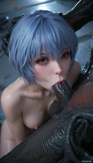 1girl, 1 xenomorph, (((Rei Ayanami from Evangelion, naked))), ((short blue hair)), beautiful eyes, black eyebrows, black eyelashes, kneeling, xenomorph fucking her mouth, large cock, ((blowjob, deepthroat, sucking off a xenomorph)), semen, lots of semen on body, xenomorph semen covering her body, dark industrial corridor with dim lighting, view of her buttocks and back, high quality, ultra-detailed, correct anatomy, bukkake, cum, pov_deepthrt, deepthroating, a, man's, penis, blsdp, <lora:MS_Real_XL_Bukkake:2>, <lora:Glowing_beach:2>, <lora:checkpoint-e18_s900:2>, <lora:concept_pov_dt_xl2-000020:2>