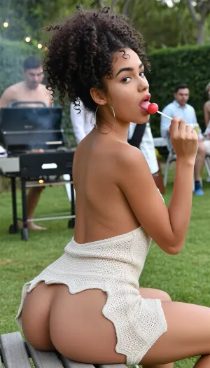 Real amateur UHD photo, Brazilian latina gorgeous young 18_yo girl, cute, petite sexy body, Knitted dress, tiny hips, slim waist, full lips
In the garden
Curly Afro hair, Extreme diameter giant thin hoop earrings, She is sitting on the bench. Young tight pussy.Slut pose
She is sucking on a lollipop.
Background, barbecue party, people’s