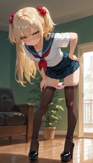 solo, Legs wide, (medium breast), living room, full-length view, manicure, petite build, (young:1.6), calm and focused, extremely high platform heels, stockings, school uniform, skirt, (tiptoe), (She leaned forward to scold me, looking me in the eye with a hurt expression, her hands on her hips), (holds the panties she’s taken off in her hand), Angry, looking straight ahead, horny clitoris, cute little buds are standing quite tall
